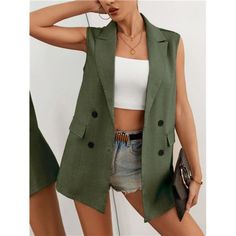 Featuring A Stylish Lapel Neckline And Double Button Closure, This Sleeveless Vest Showcases An Asymmetrical Hem For A Modern Twist. Crafted From High-Quality Woven Fabric, It Offers A Regular Fit And Is Unlined For Comfort. The Trendy Army Green Color Adds A Unique Touch, Making It A Versatile Piece Perfect For Layering Over Your Favorite Tops. Elevate Your Look With This Sophisticated Vest, Ideal For Both Casual Outings And Formal Occasions! Spring Office Vest With Button Closure, Casual Office Vest With Button Closure, Trendy Summer Vest With Buttons, Casual Office Vest With Buttons, Green Buttoned Vest For Workwear, Green Vest With Buttons For Summer, Casual Office Vest For Spring, Army Green Color, Contrast Collar