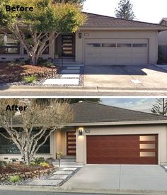 before and after photos of a home's front yard, garage door is open