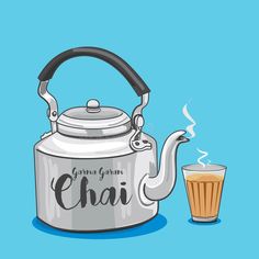 the tea kettle and glass are next to each other on a blue background - stock photo