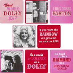 six coasters with pink and red designs on them, including marilyn monroe's quote