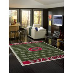 a living room filled with furniture and a large rug