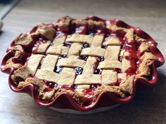 a pie sitting on top of a wooden table