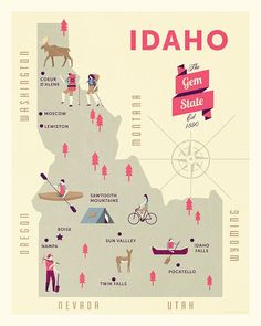 an illustrated map of idaho with people and animals