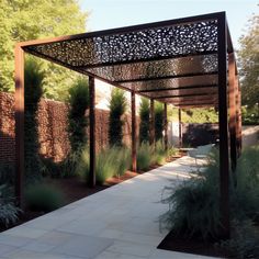 Beautiful Corten Steel Garden Pergola with decorative metal and glass roof. Steel Pergola Design Shade Structure, Corten Steel Pergola, Pergola Designs Architecture, Corten Pergola, Metal Pergola Steel, Pergola Screening, Steel Pergola Ideas, Steel Pergola Design, Pergola With Screen