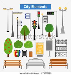 park benches, trees and street lights in flat style - miscellaneous objects illustrations on separate layers