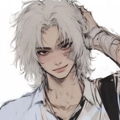 an anime character with white hair and grey eyes