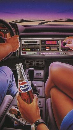 two people sitting in the driver's seat of a car, one holding a pepsi bottle