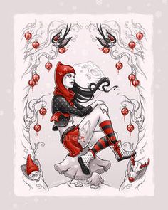 a cross stitch pattern with a woman in red and black boots on her knees, holding an umbrella