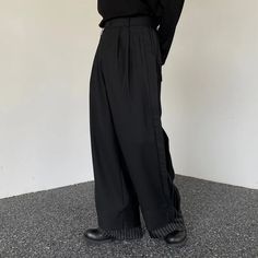 Wiaofellas - New Men's Fashion Baggy Pants Black Wide Leg Double Layered Striped Patchwork Cuffs Oversized High Waist Long Trousers Male Black Full Length Dress Pants For Winter, Baggy Black Full-length Dress Pants, Winter Straight Leg Black Dress Pants, Black Straight Leg Dress Pants For Winter, Winter Black Dress Pants With Straight Leg, Winter Black Straight Leg Dress Pants, Black Baggy Wide Leg Pants For Winter, Black Baggy Bottoms For Formal Occasions, Black Relaxed Fit Dress Pants For Fall