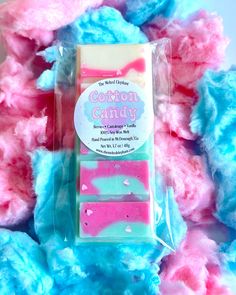 cotton candy is packaged in pink and blue colors