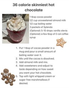 a recipe for hot chocolate with whipped cream and cookies in the bottom right hand corner