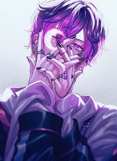 a man with purple hair and piercings holding his hands to his face