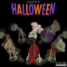 an animated halloween scene with zombies and people in the background, text reads happy halloween