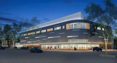 an artist's rendering of the exterior of a large building with cars parked in front