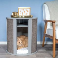 an orange cat sitting in the corner of a grey cabinet next to a white chair