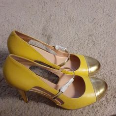 Brand New. Yellow Heels With Contrasting Heel Counter, Yellow Leather Slip-on Heels, Retro Yellow High Heels, Yellow Round Toe Heels For Spring, Yellow Retro Heels For Spring, Yellow Retro High Heels, Yellow Retro Open Toe Heels, Sole Society, Gold Yellow