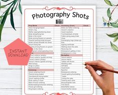 a hand holding a pen and writing on a photography shot checklist with the words instant printable