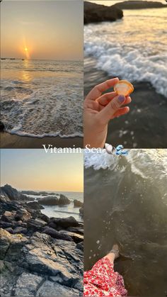 four different pictures with the sun setting over the ocean and rocks in the water,