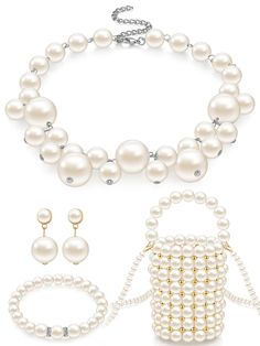 PRICES MAY VARY. Party Jewelry Set Designed for Elegance: we provide you 1 piece of pearl beaded purse, 1 piece of glitter pearl earrings, 1 piece of pearl bangle and 1 pair of pearl necklace, an exquisite combination can meet your wedding party dress needs, or you can share them with your partners Pearl Beaded Purse: the pearl handbag is white, and it's made of quality acrylic beads with glitter pearl on the outside, and the inner material is soft and smooth, won't scratch the inner items; You Party Pearl Jewelry Sets In Silver, Party Pearl Silver Jewelry Sets, Party Pearl Beaded Jewelry, Party Silver Pearl Jewelry Sets, Silver Pearl Jewelry Sets For Party, Pearl Jewelry For Party, White Pearl Chain Jewelry For Party, Pearl Chain Party Jewelry, White Round Jewelry Sets For Party