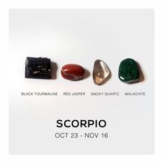 three different types of rocks on a white background with the words scorpio