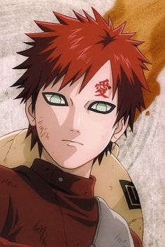 an anime character with red hair and green eyes looks at the camera while wearing a brown shirt