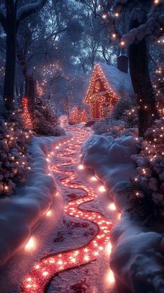 a pathway that has lights on it in the snow