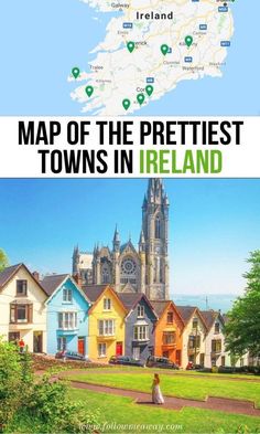 a map with the names of towns in ireland and an image of a woman walking through it