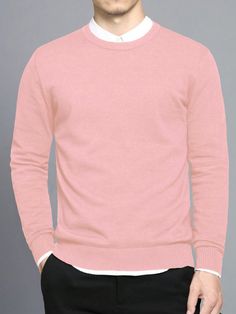 Baby Pink Casual Collar Long Sleeve Fabric Colorblock,Plain Pullovers Embellished Medium Stretch  Men Clothing Winter Crew Neck Plain Sweater, Pink Sweaters, Pink Crew Neck Sweater With Solid Color, Casual Pink Crew Neck Sweater, Pink Sweater Men, Quarter Zip Outfit Men, Peach Sweater Men, Mens Pink Sweater, Pink Sweatshirt Mens