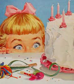 a child looking at a birthday cake with candles on it and other decorations around the cake