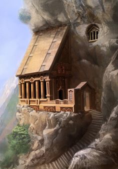 a painting of a house built into the side of a cliff