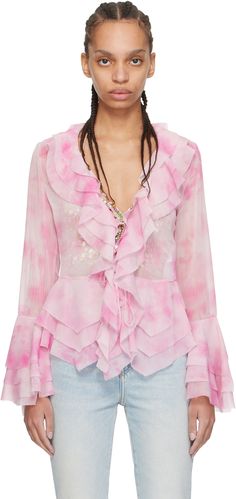 Polyester voile blouse. Raw edges, ruffles, and tie-dye effect printed throughout. · Y-neck · Self-tie fastenings at front · Tiered hem · Tiered and flared cuffs Supplier color: Faded rose