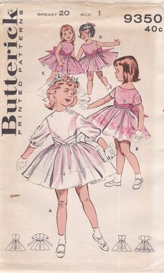 This vintage Butterick sewing pattern was designed in 1960. It makes a full-skirted dress with an attached pleated cummerbund. Little Girl Size 1: Chest 20   ---   Waist 19 1/2. The pattern is unused and still in factory folds. The instructions are included. The envelope is in good vintage condition.  To see more patterns for children: https://www.etsy.com/shop/studioGpatterns?section_id=18886385 To visit my shop: https://www.etsy.com/shop/studioGpatterns Summer Cloth, 1950s Girls, Butterick Dress Patterns, Butterick Patterns Vintage, Vintage Style Aprons, Patron Vintage, Girl Dress Pattern, Kids Dress Patterns, Toddler Summer