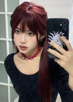 Korean red brown hair color: straight long hair with bangs Red Brown Hair Color, Korean Hair Color, Red Hair Inspo, Wine Hair, Hair Inspiration Long, Hair Color Cream, Red Brown Hair, Dyed Hair Inspiration, Image Swag