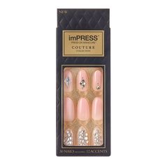 imPRESS Press-on Manicure Couture Collection features the ultra-fit nails you love, enhanced with the trendiest, high-end designs around. Bigger and bolder stones accentuate these one-step gel nails. Created with innovative technology, the stones, and 3D accents stay smoothly and firmly in place for long-lasting wear. No glue was needed. Just press on & go! Color: Multicolor. Kiss Press On Nails Glitter, Kiss Press On Nails, Impress Nails, Kiss Nails, Oil Shop, Hair Shop, Nails At Home, Indiana Jones, Nail Kit