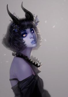 a digital painting of a woman with horns on her head and blue eyes wearing a black dress