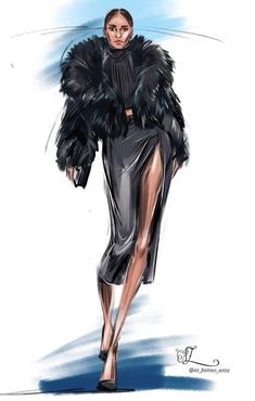 a drawing of a woman in a black dress and fur coat walking down the runway