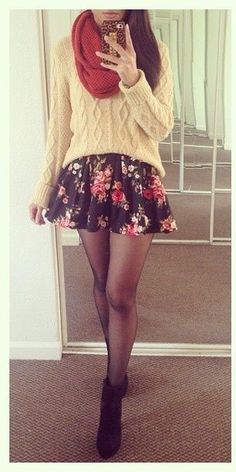 for the fall or winter, pair your skater skirt with a cozy knit sweater, a scarf, tights and boots Skater Skirt Outfit, Mode Hippie, Skirts With Boots, Cozy Knit Sweater, Tights And Boots, Looks Street Style, How To Wear Scarves, A Mirror