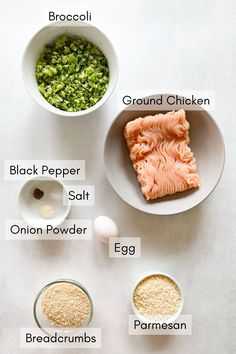 ingredients to make salmon and broccoli soup on a white table with text overlay