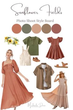 the sunflower fields photo shoot style board is shown in various colors, including brown and green