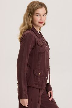 The utility safari jacket is now in our luxurious Taissa Twill, to provide you with fall-ready top layer. It features button-up front with a classic collar, 4 flap pockets, raw edges, and twill tape details. Taissa Twill: 70/30 Rayon/Tencel. 2x1 Rib Inserts: 48/48/4 Cotton/Modal/Spandex Center Front: ~22.5" Center Back: ~24" Color Description: Deep eggplant brown Preshrunk Machine washable Imported MODEL Masha is wearing size Small. Height: 5'9" | Bust: 34B | Waist: 25 | Hip: 35.6 Skirt Crop, Safari Jacket, Tunic Shirt, Fashion Colours, White Shop, Black Charcoal, Cropped Leggings, Twill Tape, Jacket Tops