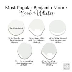 the most popular white paint colors for interior walls and ceilings, from top to bottom