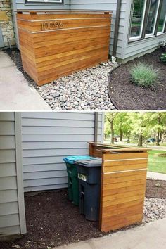 the side of a house with trash cans in it