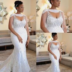 a woman in a white wedding dress standing next to a couch