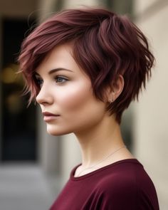 Pixie Hairstyles Burgundy, Short Red Hair Blue Eyes, Fall Hair Trends 2024 Red, Short Hair Burgundy, Short Dark Red Hair, Short Red Hair Styles, Red Bobs, Burgundy Pixie Cut, Red Hair Pixie Cut