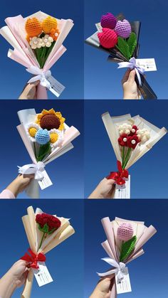 six pictures of different types of flowers being held together