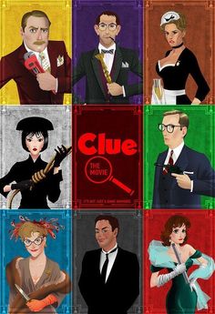 the characters from clue are depicted in different colors and sizes, including red, blue, green, yellow, black