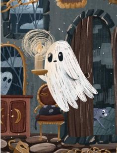 a painting of a ghost in a living room with other items and decorations around it