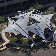 an aerial view of a building that has been designed to look like a triangular structure