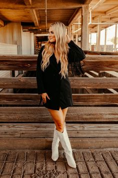 Black Blazer Dress With Boots, Black Dress With Cowgirl Boots, Black Dress With Cowboy Boots, Country Dancing Outfit, Black Dress With Boots, Black Western Outfit, Black Dresses With Boots