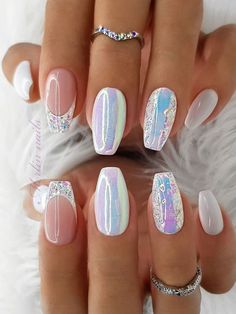 Holographic Nail Designs, Prom Nails Silver, Opal Nails, Unghie Nail Art, White Glitter Nails, Manicure Gel, White Acrylic Nails, Coffin Shape, Bride Nails